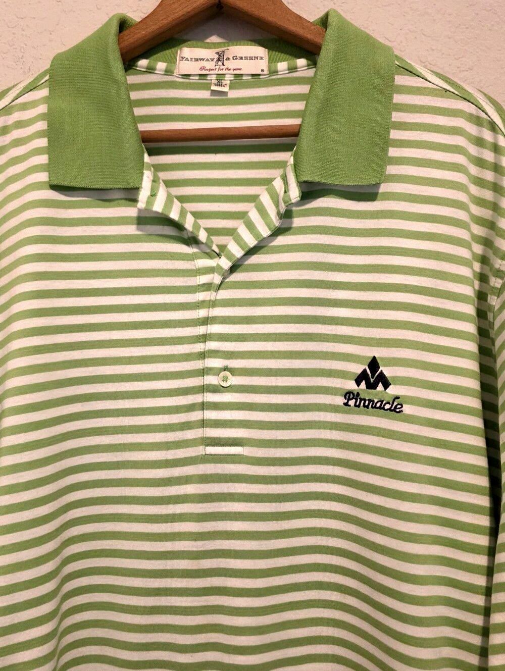Fairway & Greene Striped Golf Polo Shirt Green White Pinnacle Logo Cotton SZ XL